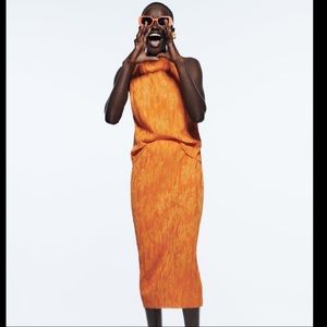 Zara Orange Jacquard Pleated Top & Co Ord Skirt Set